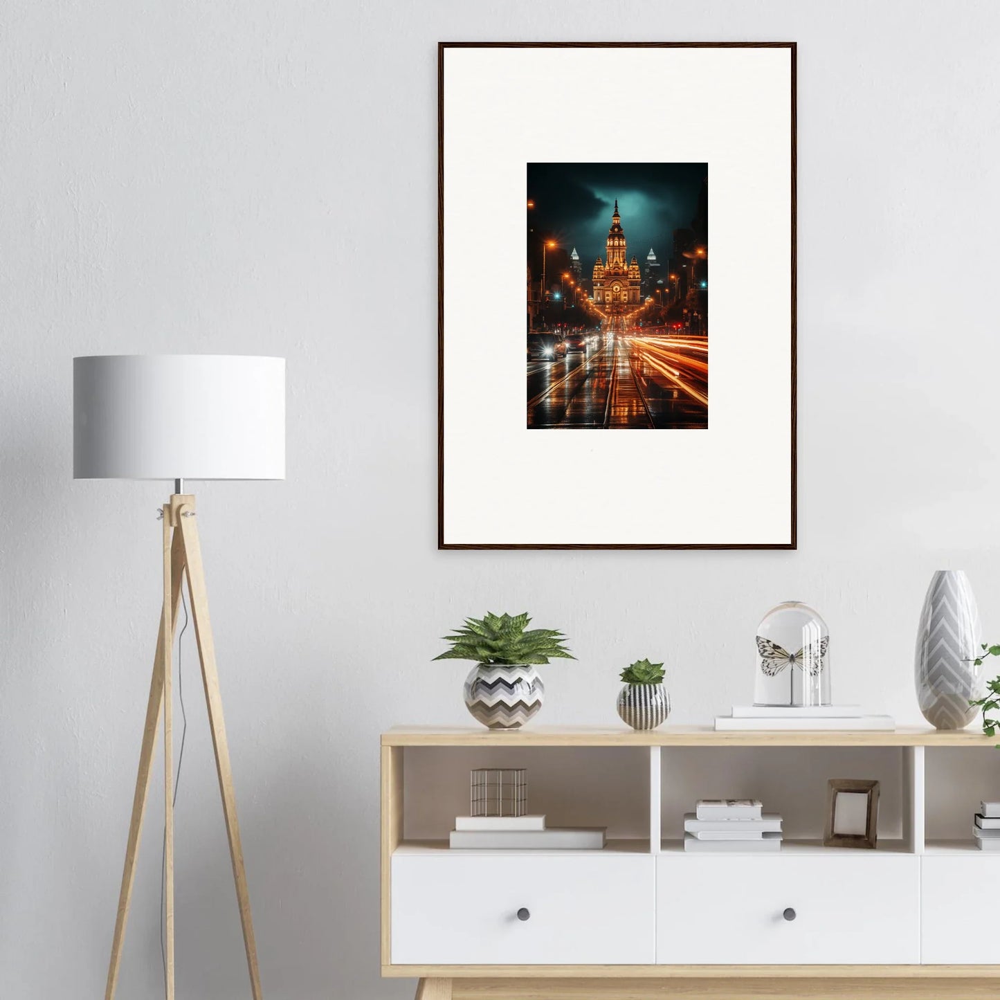 Framed wall art of Radiant Urban Reverie with lit church spire and car light streaks