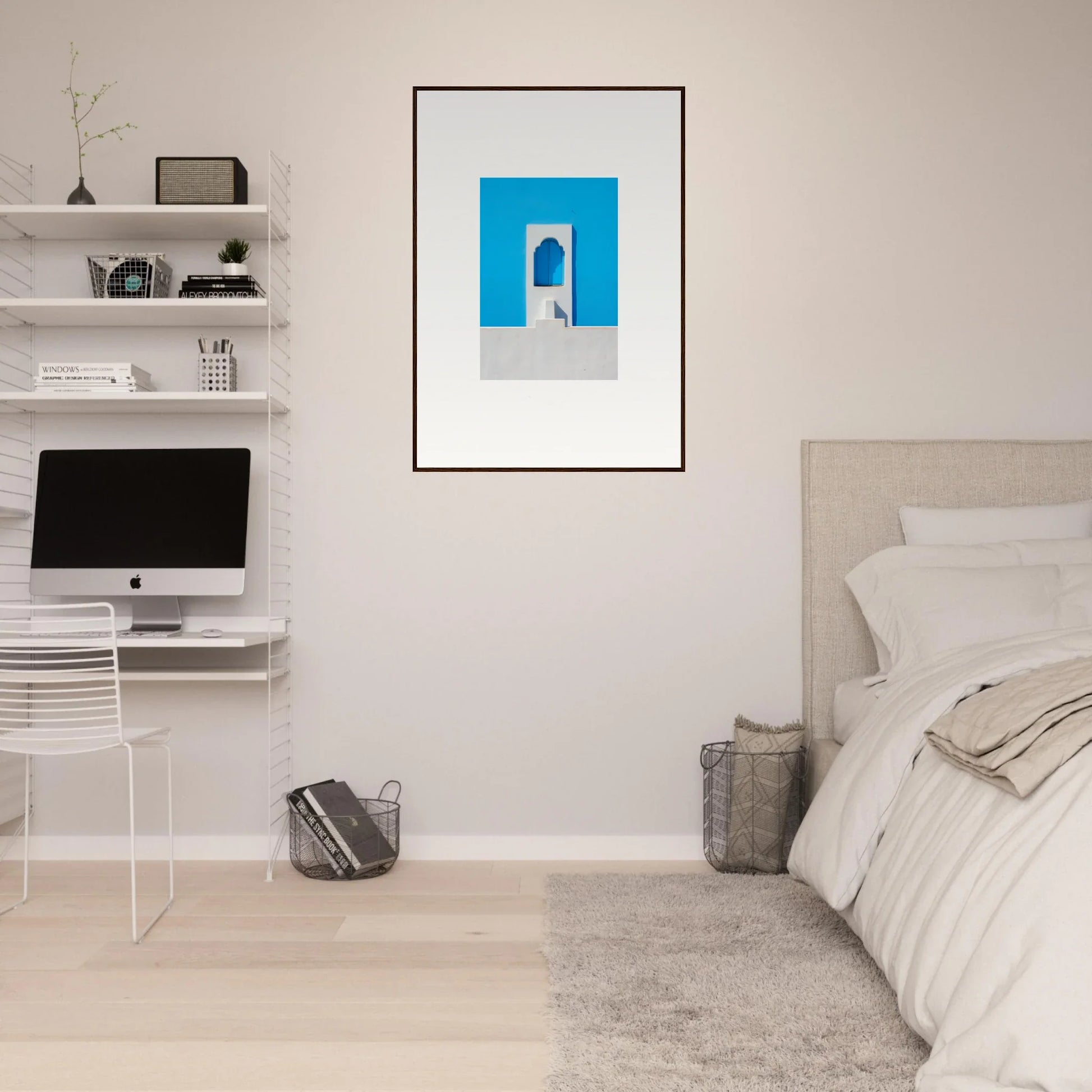 Stylish minimalist bedroom featuring Oikos Cerulean Aperturearches art print