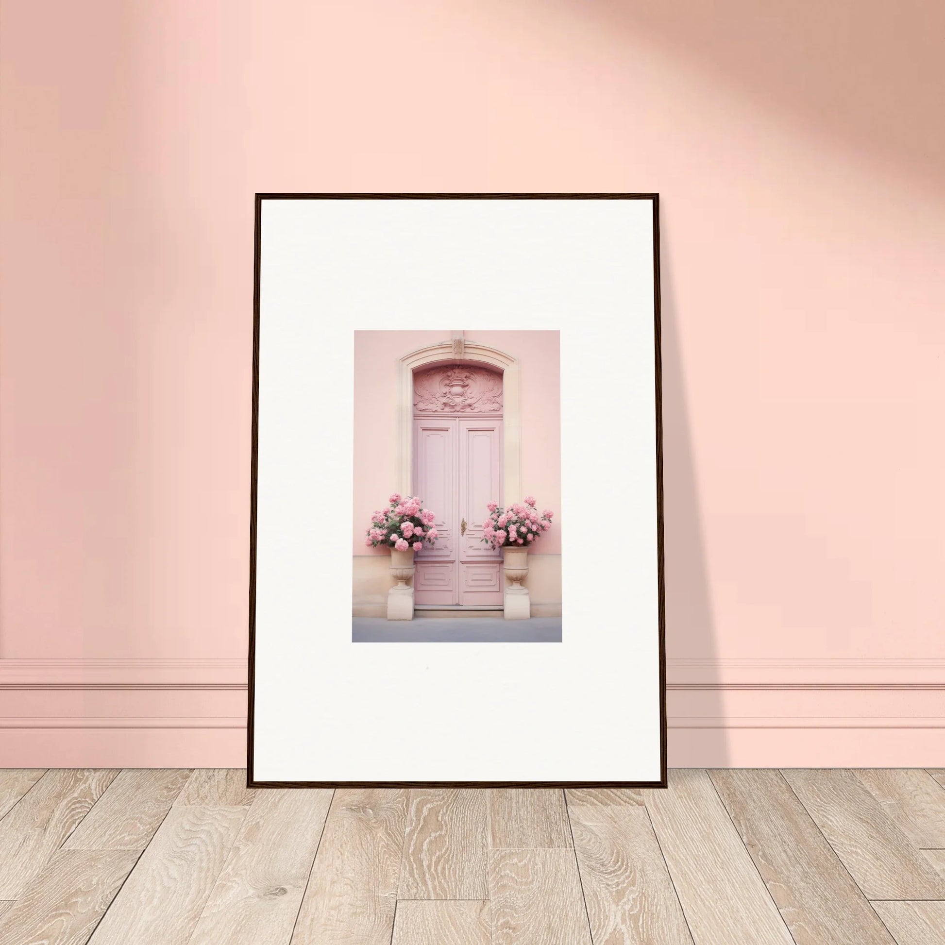 Framed wall art of a pale pink door with flowers from the Rosy Cosmos Gateway