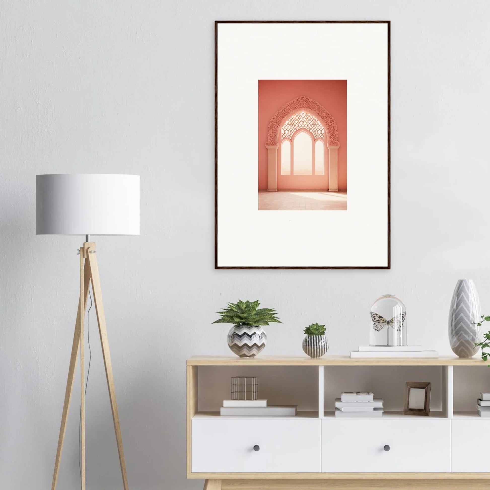 Framed wall art of Versaille Sunset Reimagined with an arched window and coral walls