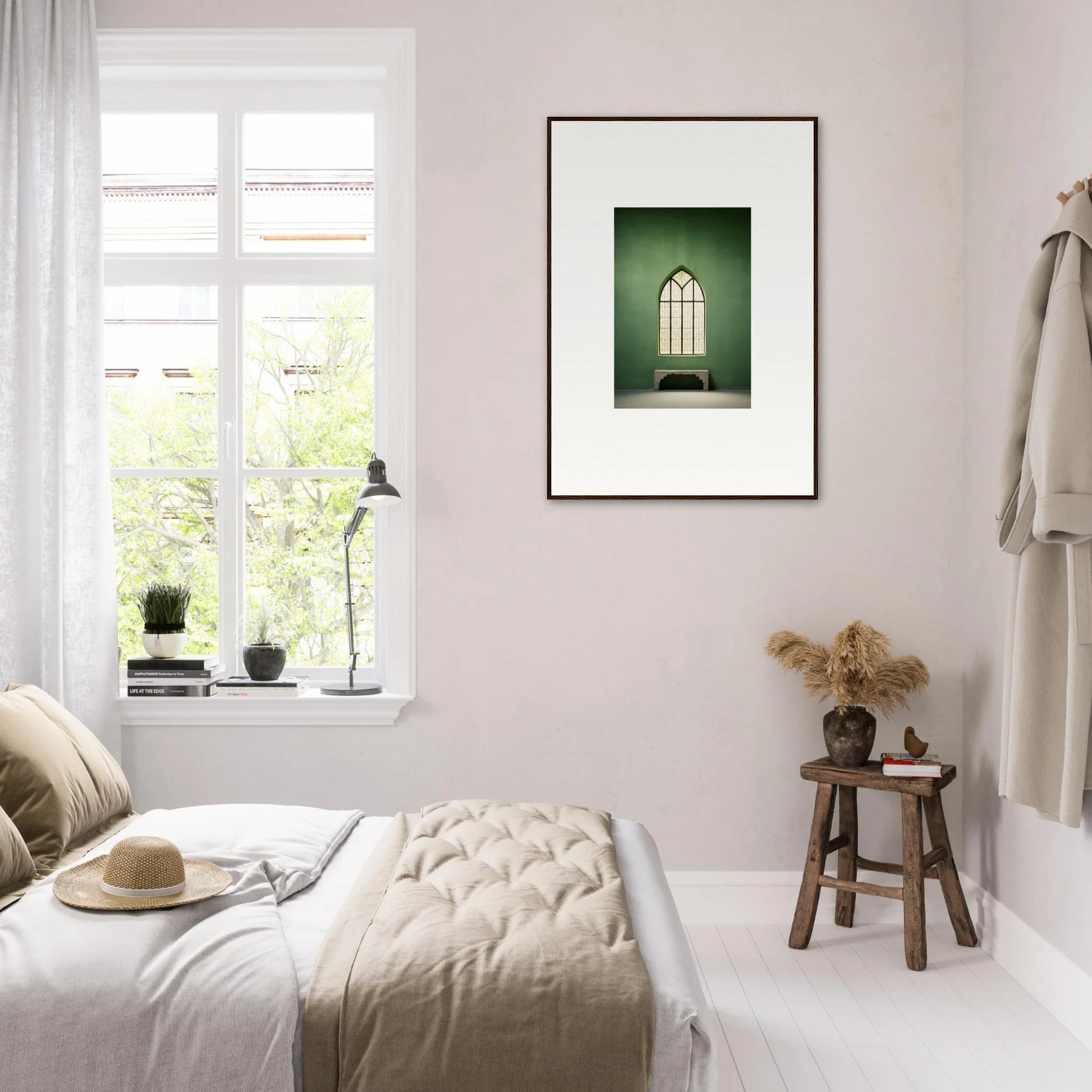 Minimalist bedroom in neutral tones featuring Evermind Greenthaum art on the wall