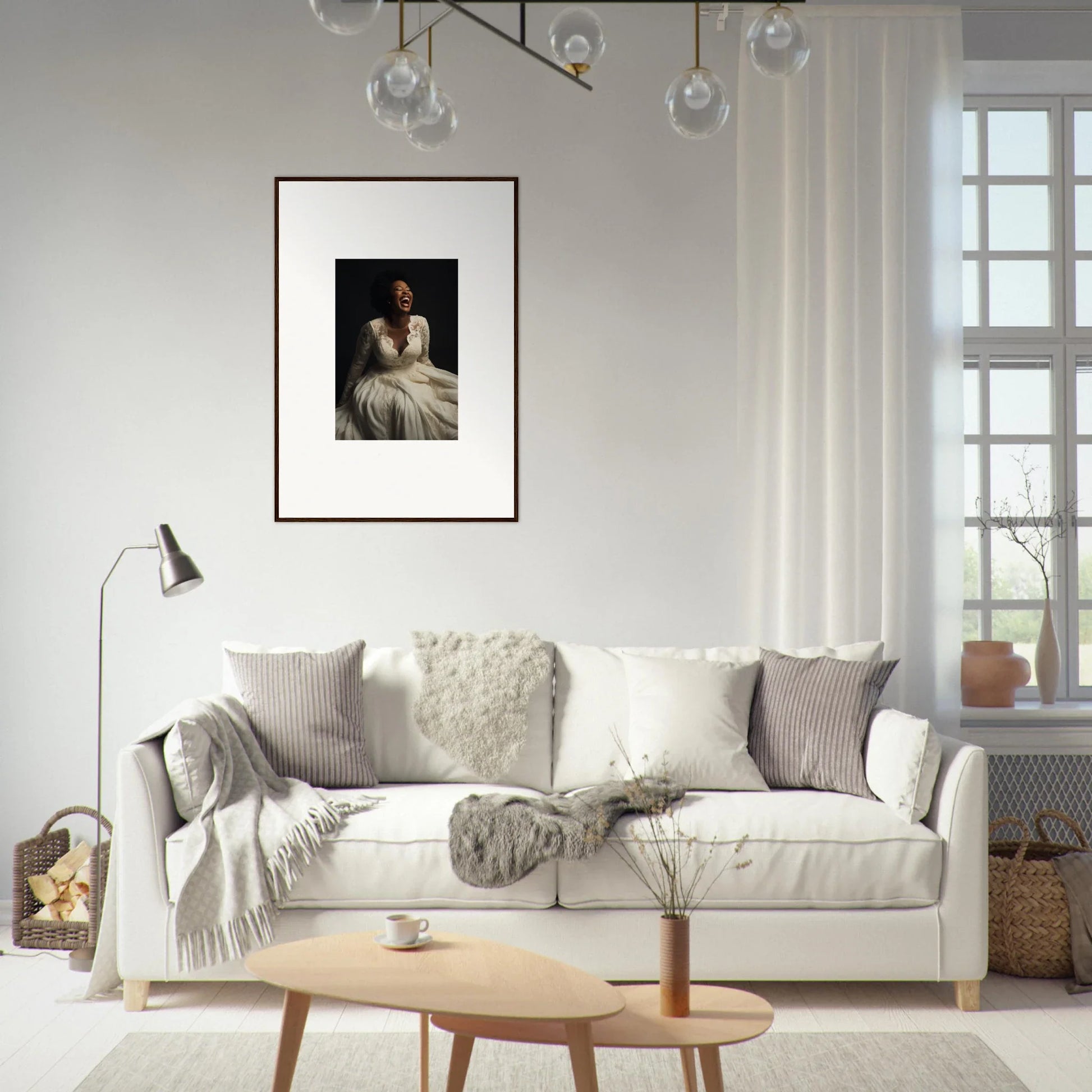 Cozy White Sofa with Gray and Cream Pillows, perfect for Luminescent Joy Echoes vibe