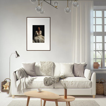 Cozy White Sofa with Gray and Cream Pillows, perfect for Luminescent Joy Echoes vibe