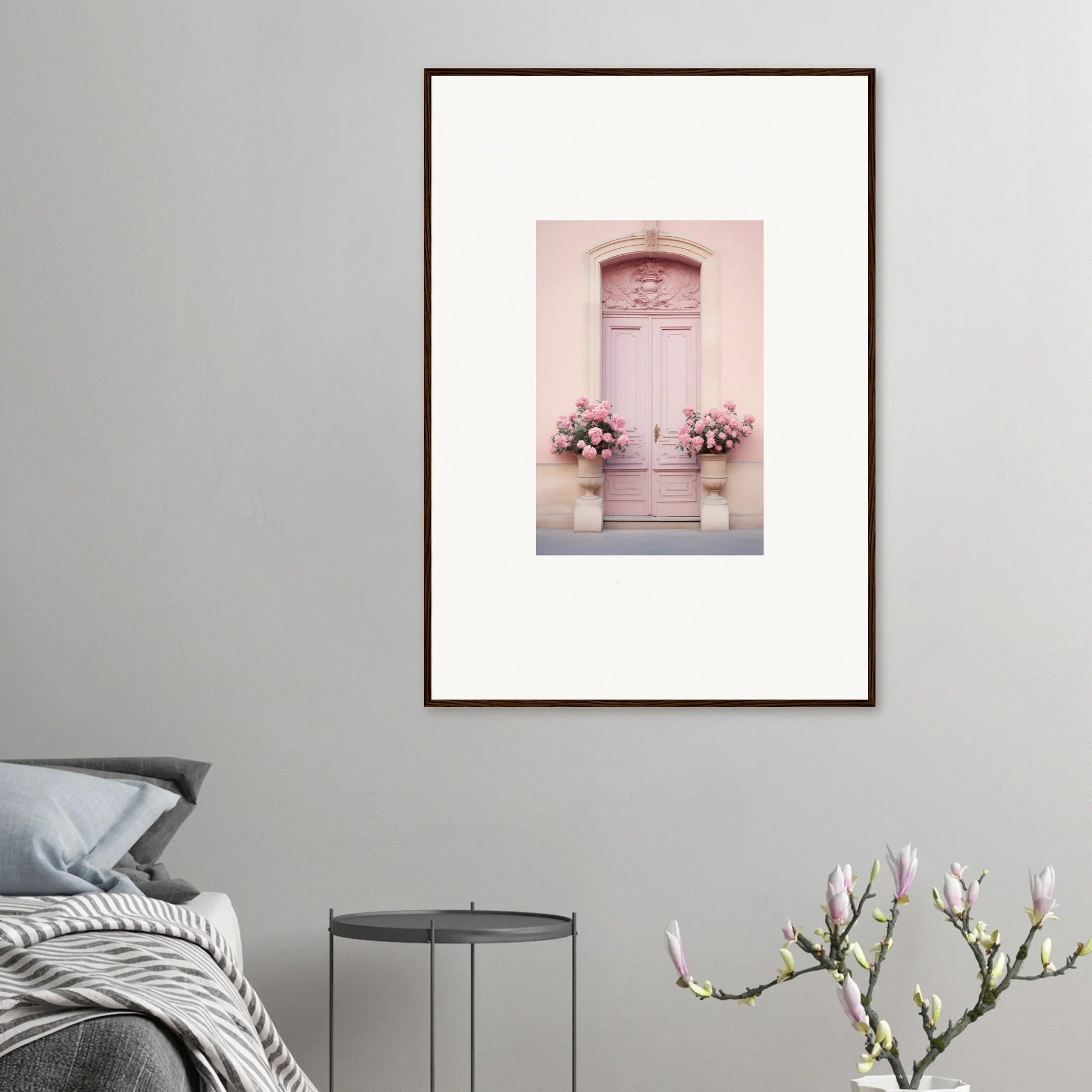 Framed wall art of Rosy Cosmos Gateway with a pink doorway and floral window boxes