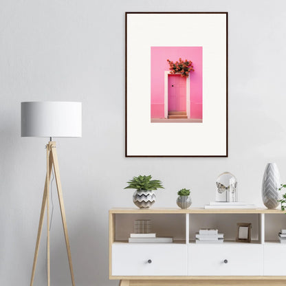 Framed wall art of a pink door with floral decor from Quantum Pink Serenade