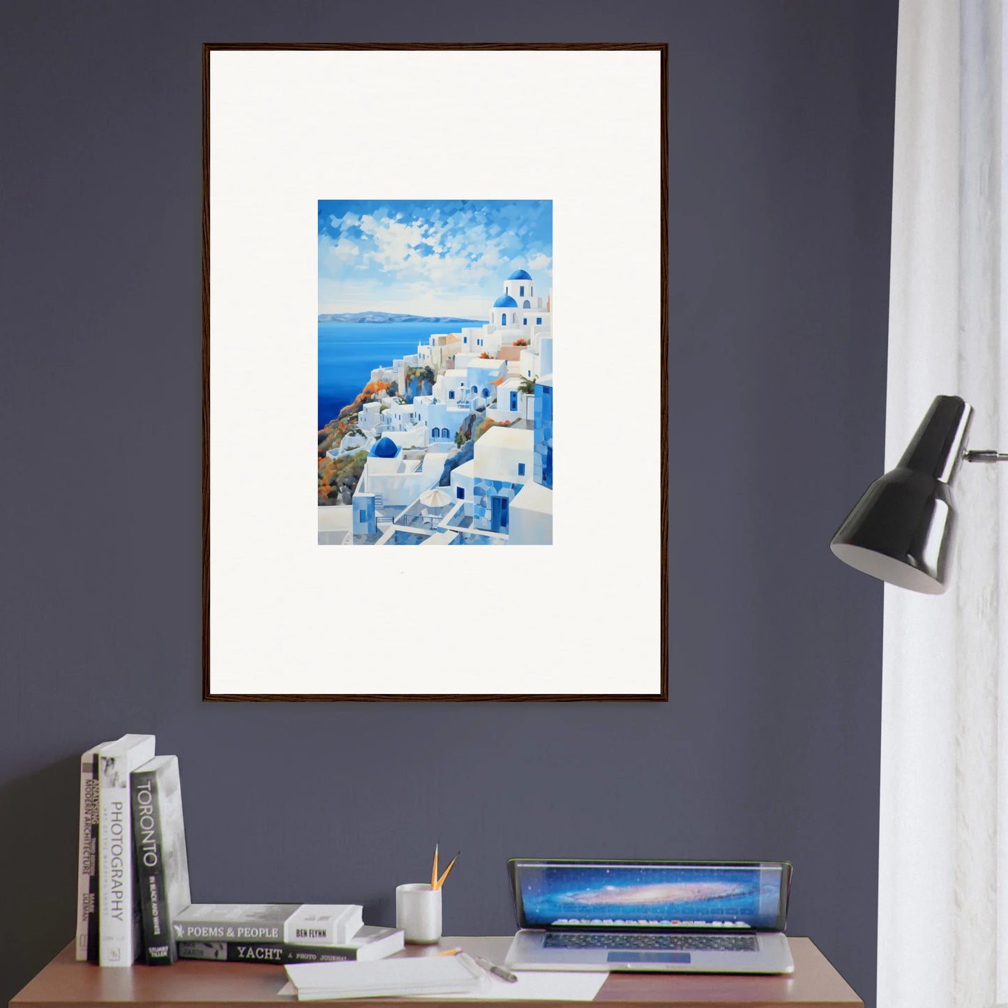 Serendipity Through Sparrows premium framed wall art of Santorini’s stunning blue and white buildings