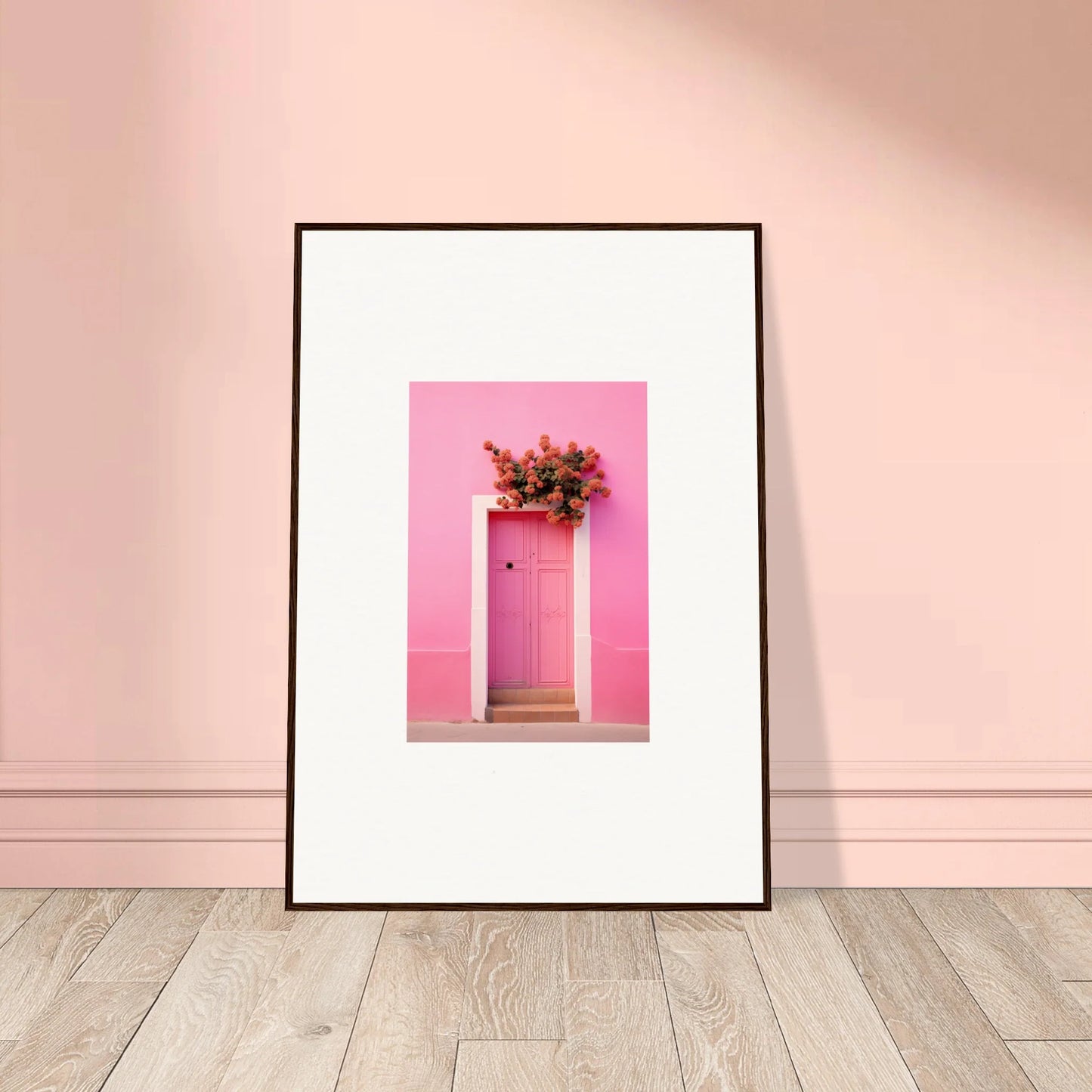 Framed wall art of a pink door with flowers, perfect for Quantum Pink Serenade lovers