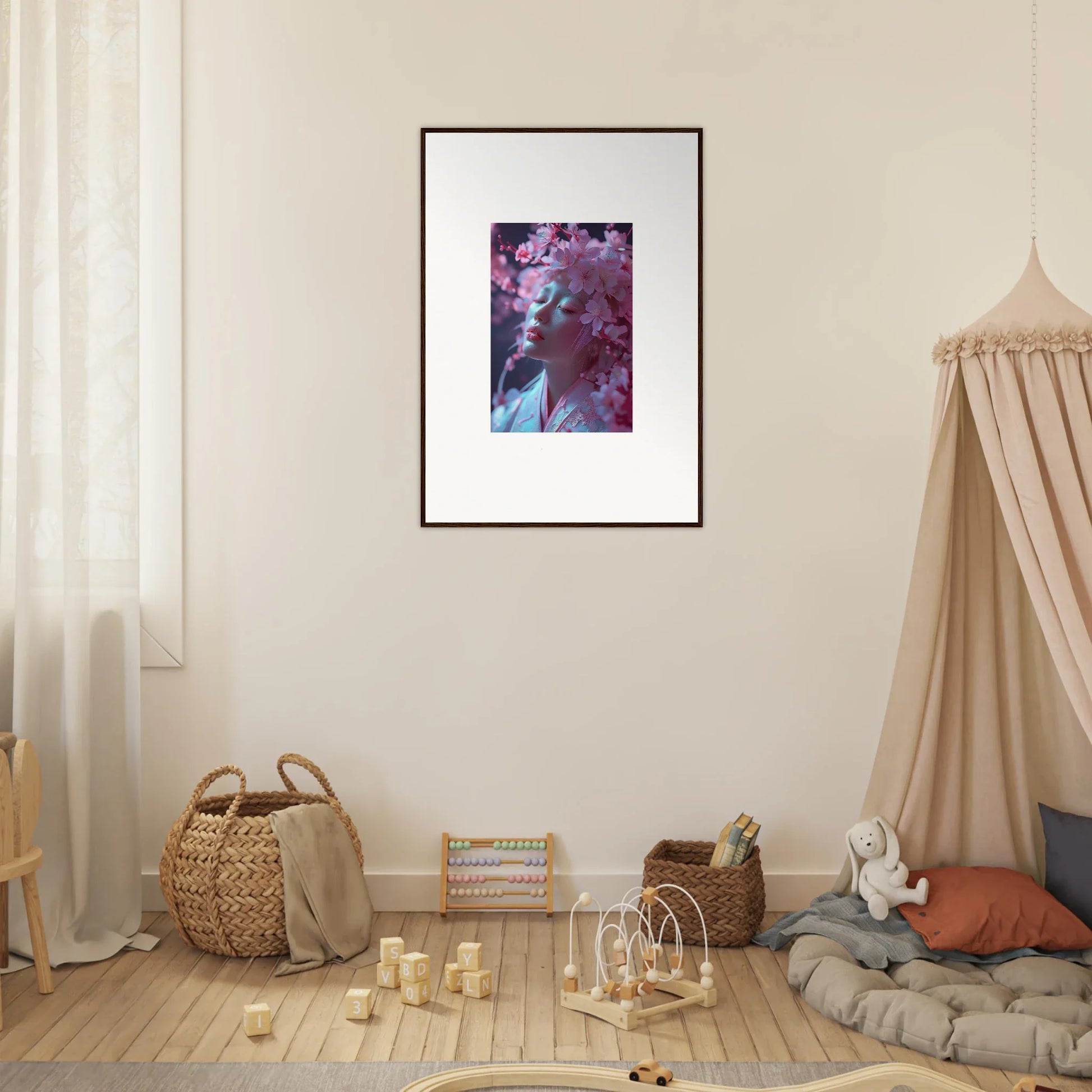 Framed wall art in purple and blue tones for stylish room decoration, Sakura Whispers