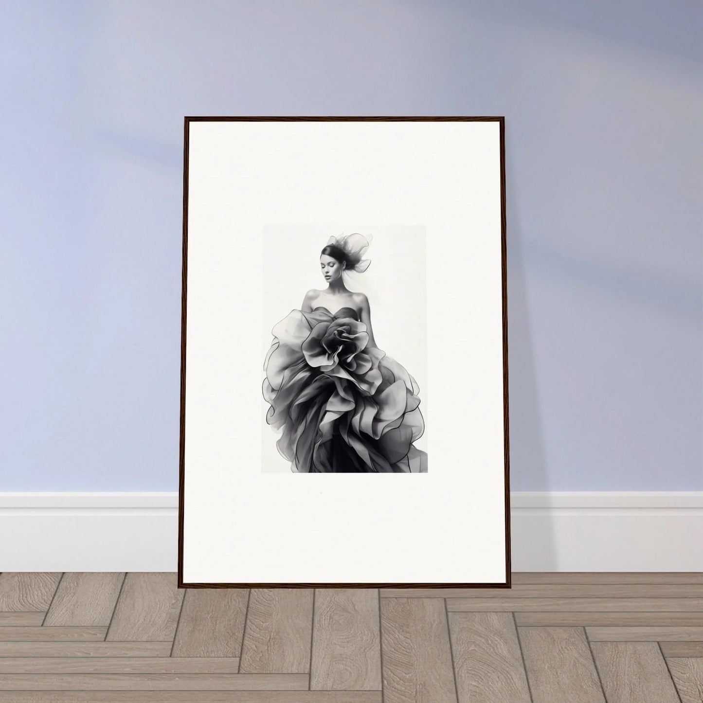 Black and white framed wall art of ethereal figure in flowing dress, Ephemeral Orchard Whispers