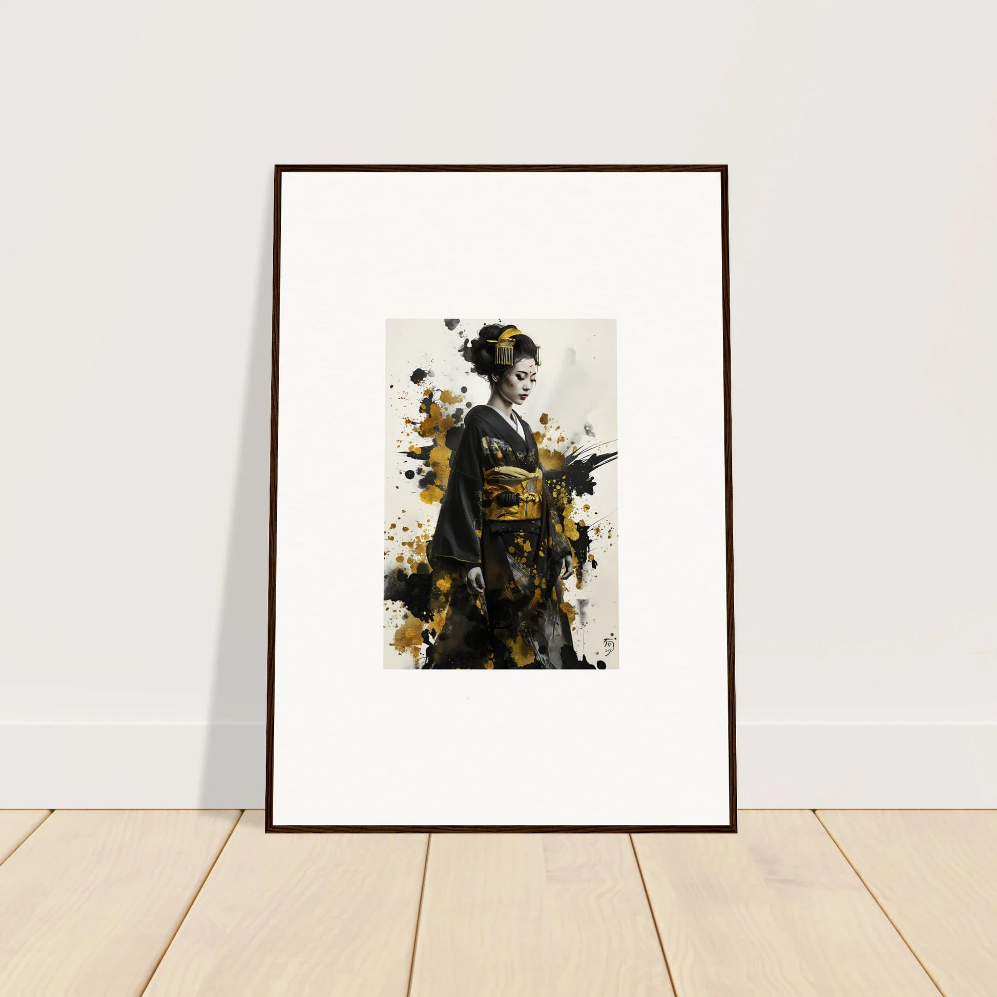 Framed art print of Eclipsed Ukiyo Symphony featuring a figure in kimono with gold splashes