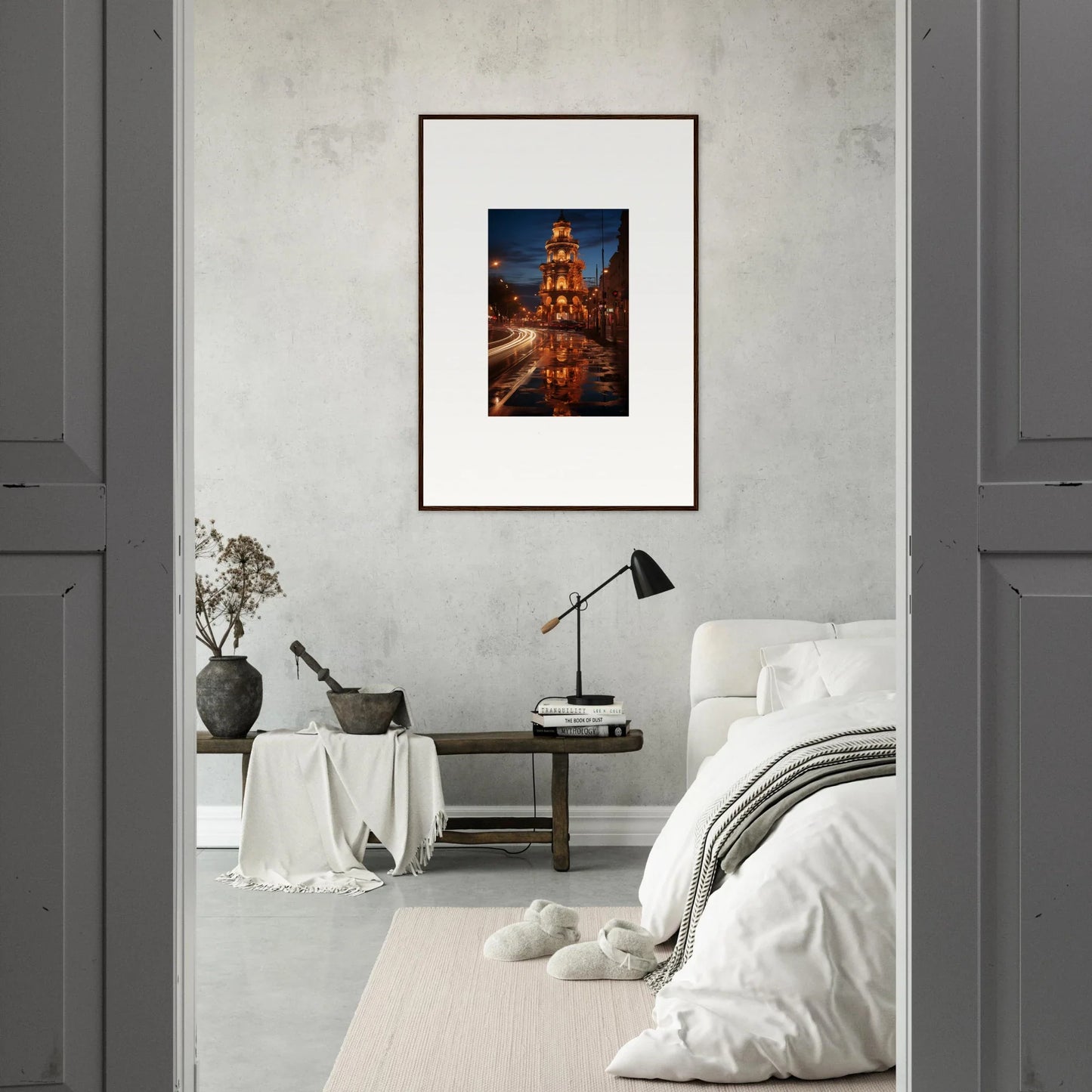 Framed wall art of a luminous Neo’ici Dops church tower at night