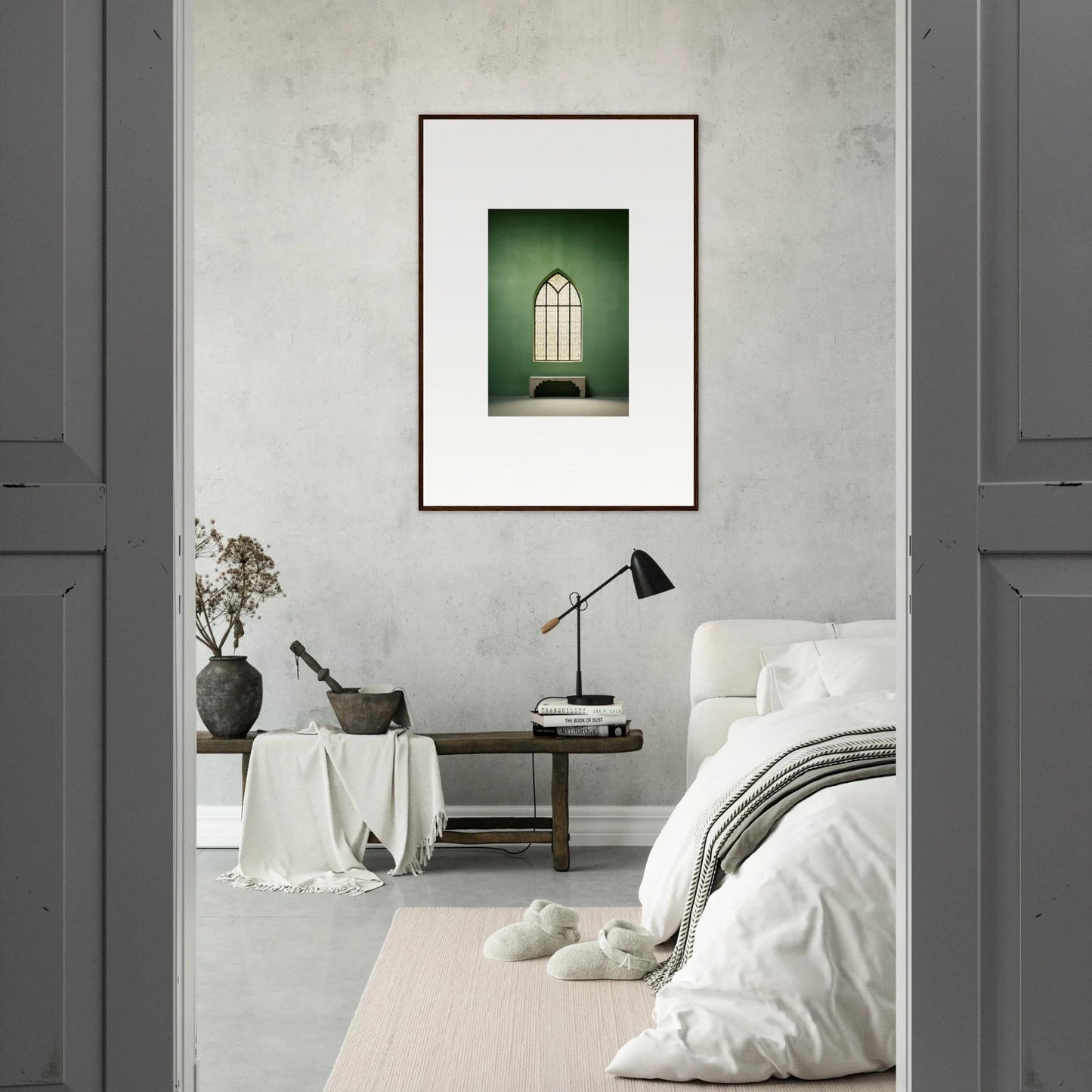 Framed artwork of a green-tinted window and bench for Evermind Greenthaum premium art™