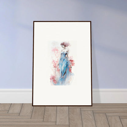 Framed watercolor wall art of a figure in blue dress for stylish room decoration