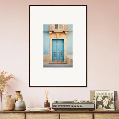 Framed photo of a light blue vintage door from Ephemeral Dreamscape Doorway art™