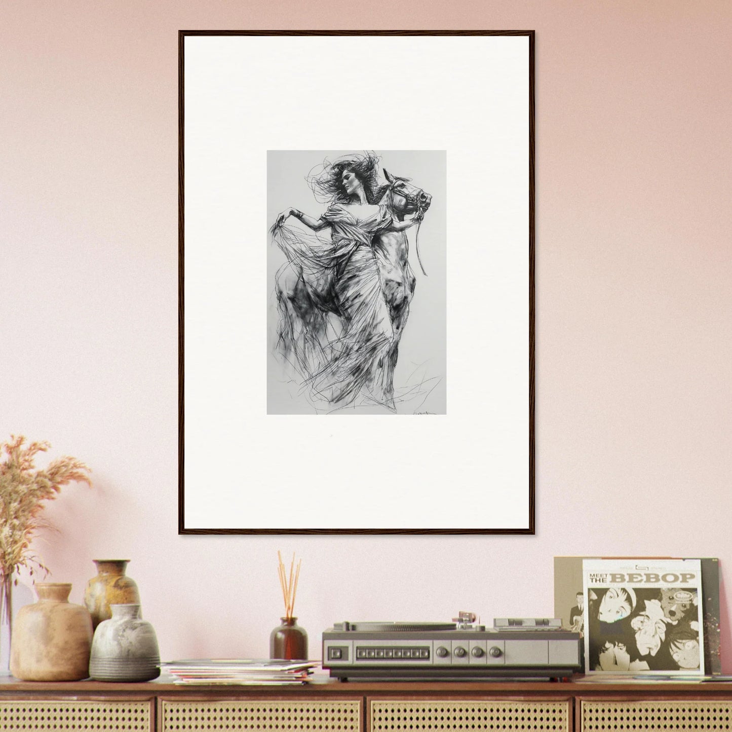 Framed black and white sketch of dynamic motion in Equestrian Ether Euphoria art™