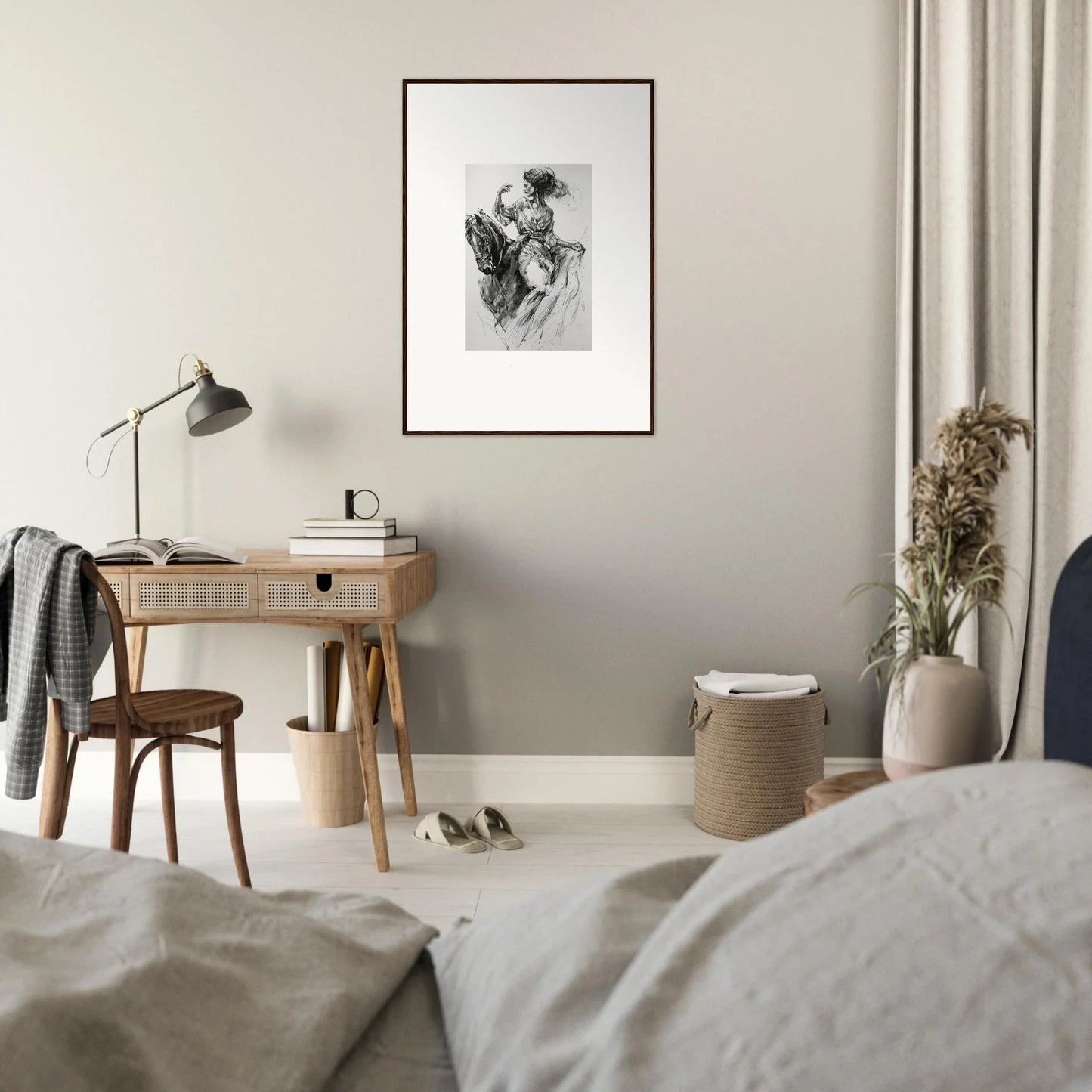 Minimalist wooden desk with lamp and Ephemeral Journey Grafikermania art above it