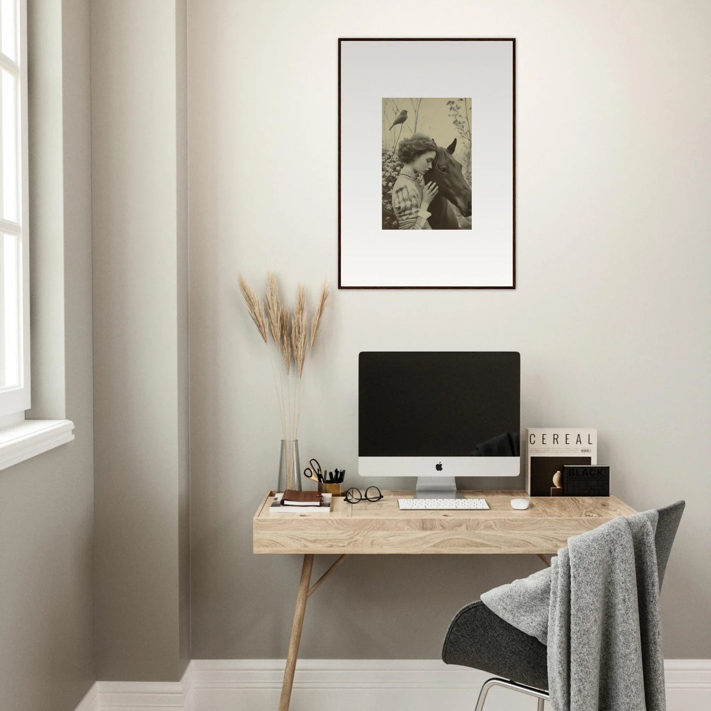 Minimalist wooden desk with monitor and decor, perfect for room decoration vibes