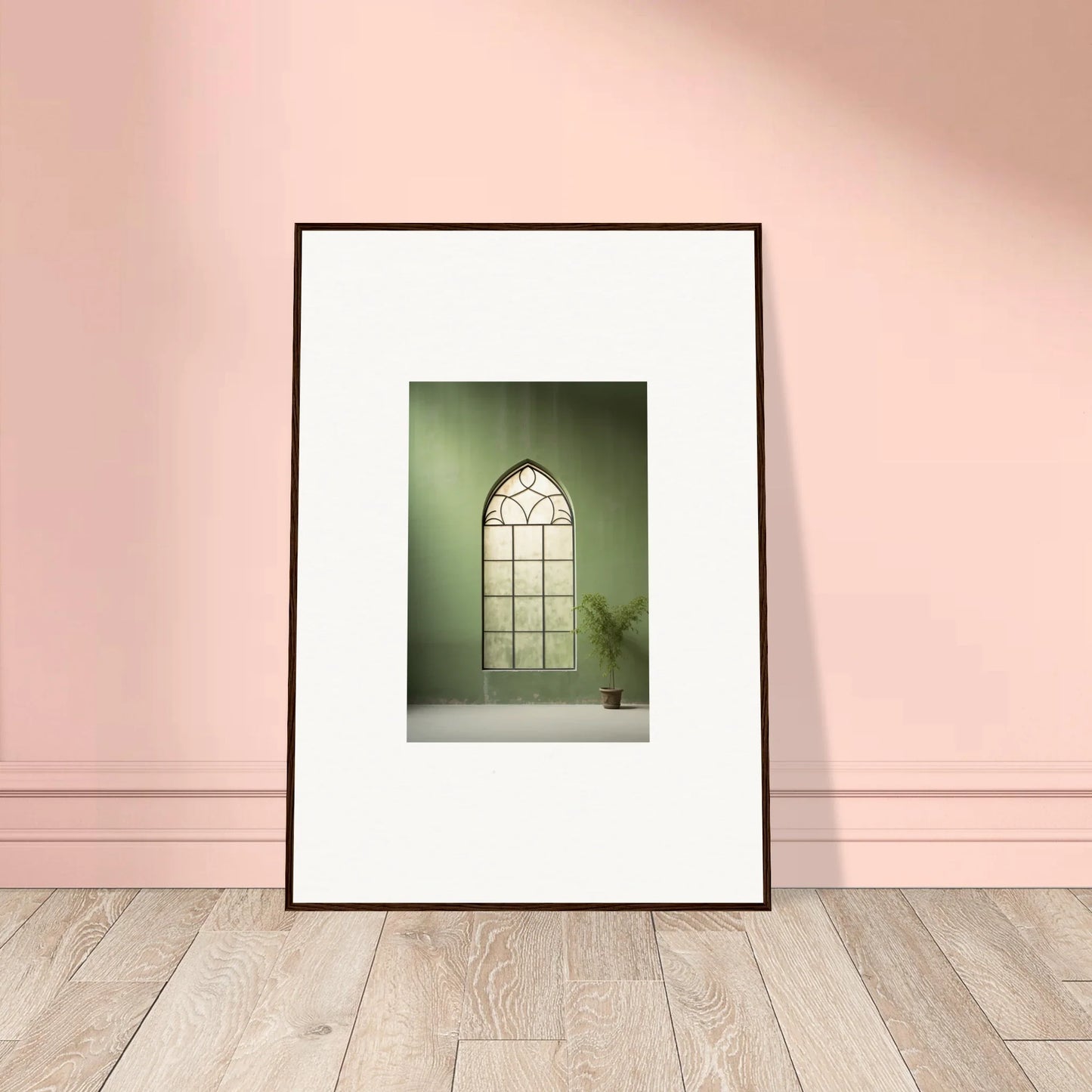 Framed art print of an arched church window with a potted plant for Green Crescent