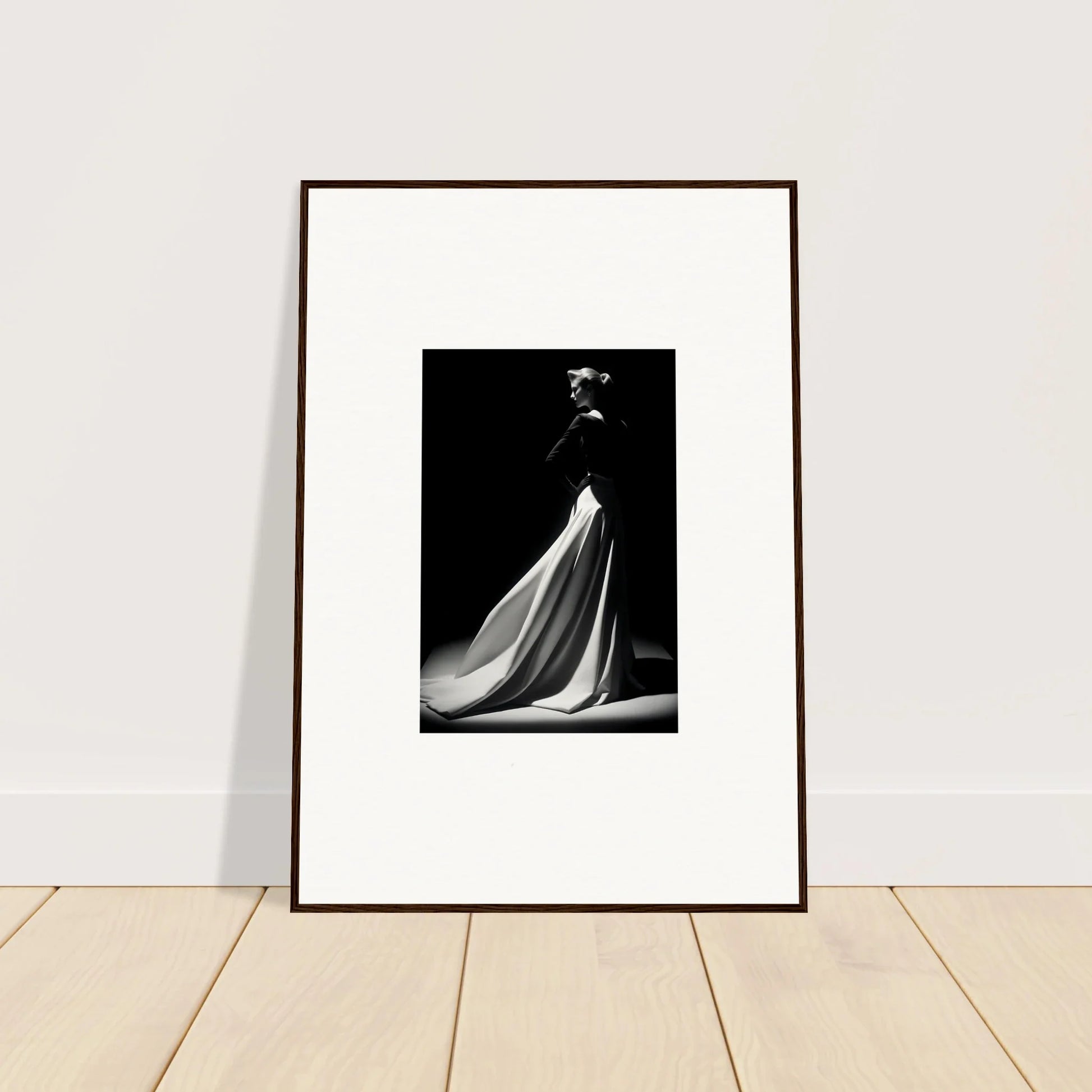 Framed black and white art of a flowing gown, part of the Veiled Monochrome Journey collection