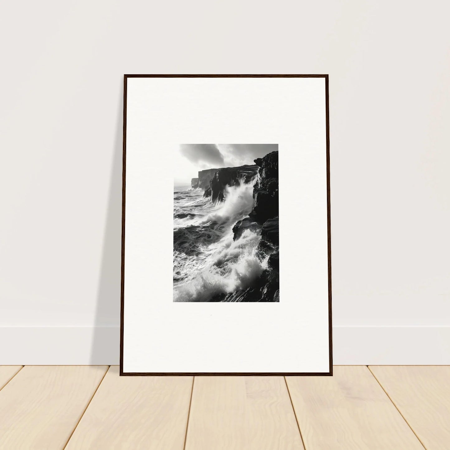 Framed black and white photo of crashing waves, perfect for Rock Impressions art