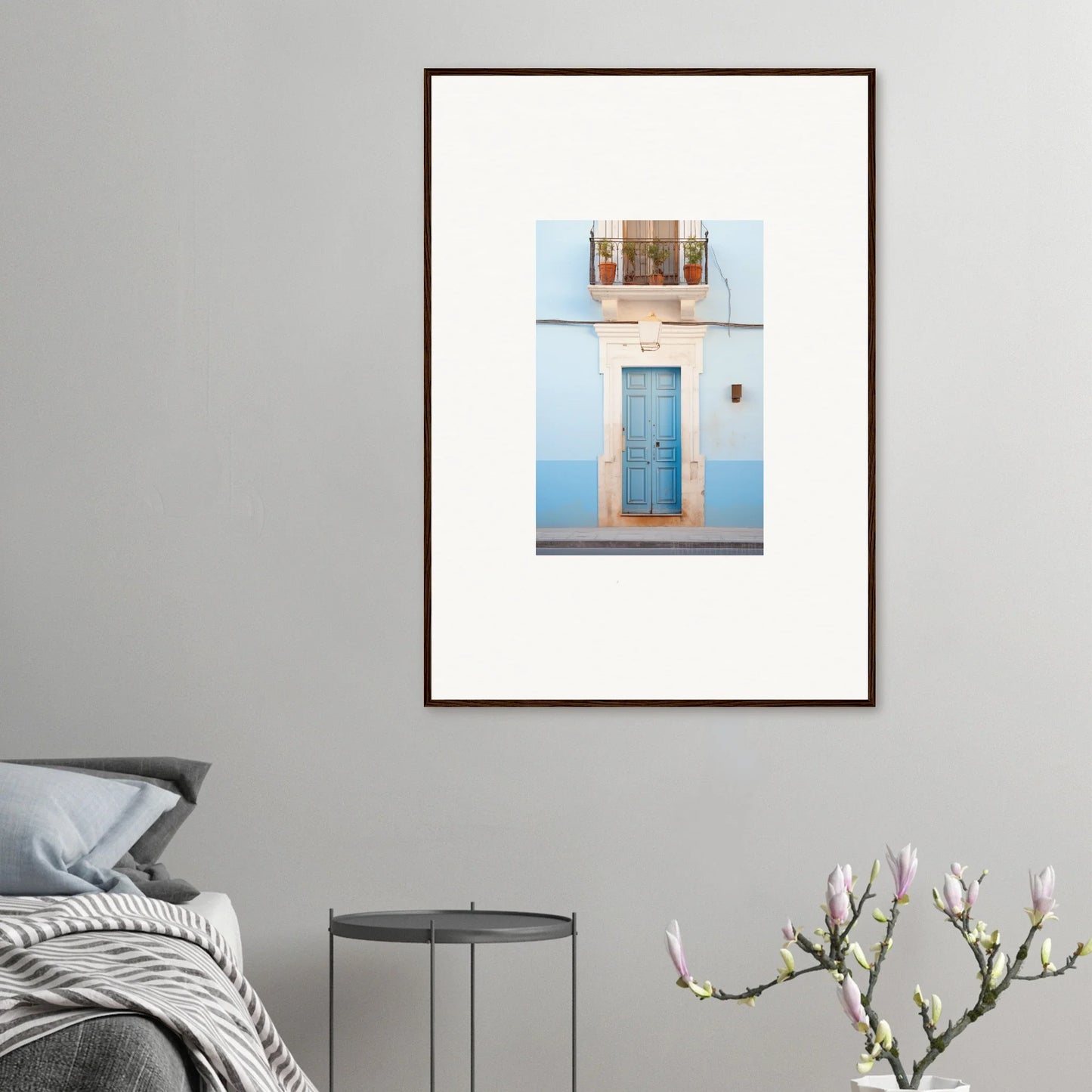 Framed wall art of an Ethereal Azul Entrance with a blue door and window