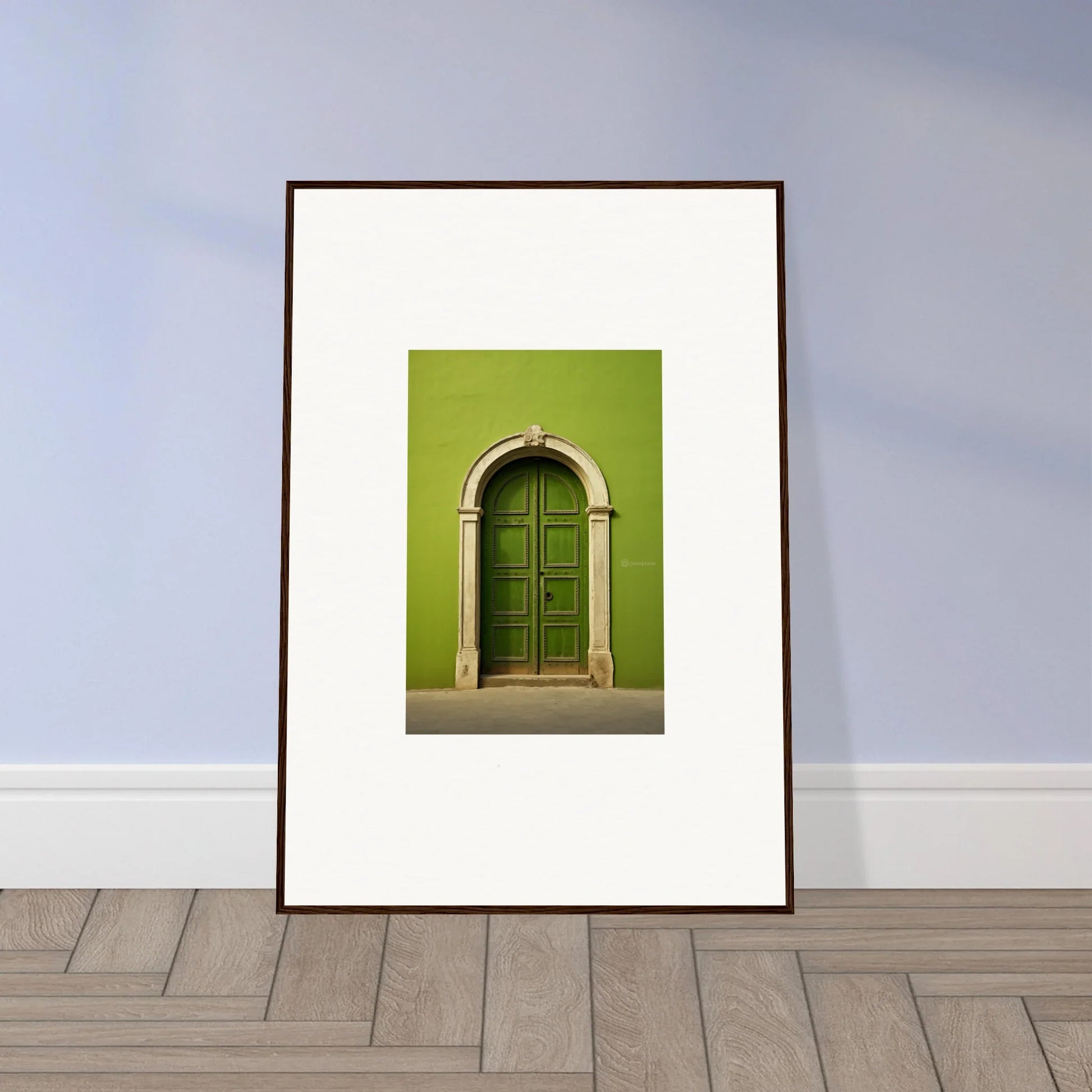 Framed photo of an arched green door with stone trim from Vert Barcode Reverie