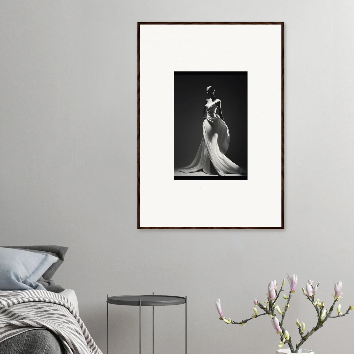 Framed black and white photo of an elegant gown for Gossamer Ivory Whispers special edition