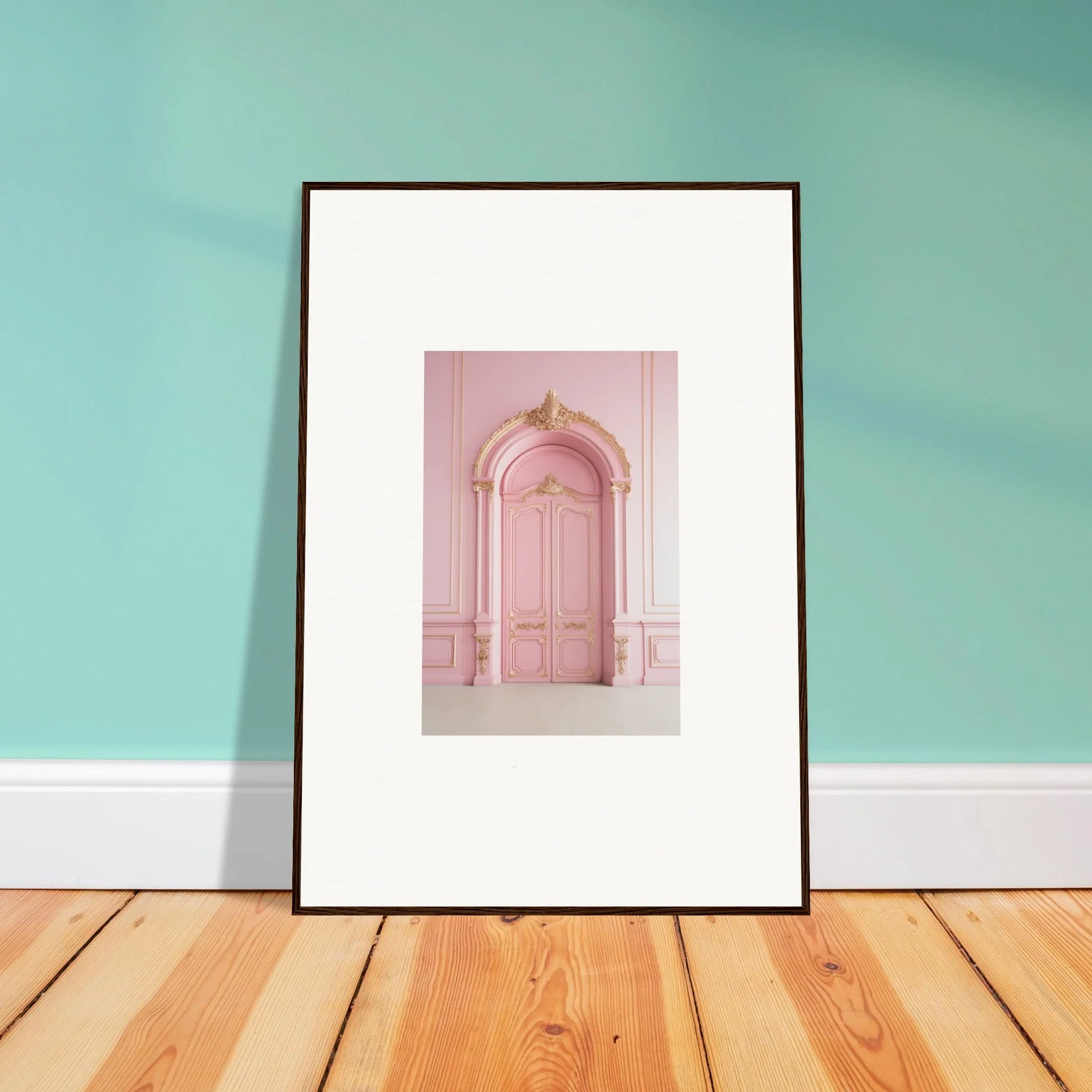 Framed wall art of a pink ornate door in the Paris Dreams Frame special edition art™