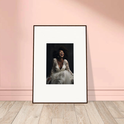 Framed black and white photo of a bride in a white wedding dress, Timeless Essence Laughter