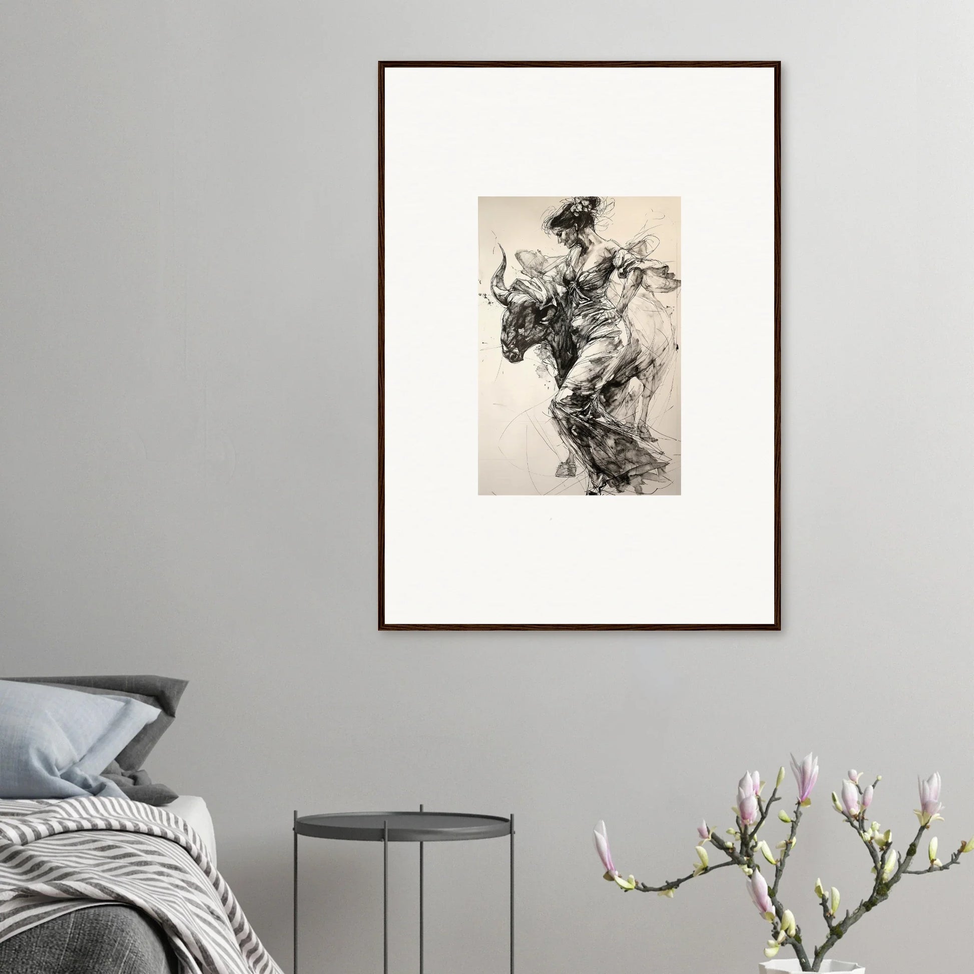 Framed black and white abstract art Labyrinthine Spanish Mirage with dynamic brushstrokes