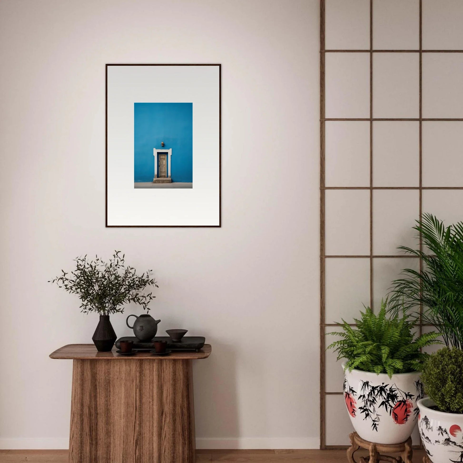 Beautiful framed photograph of a blue wall and white door in Eternal Cerulean Cloister