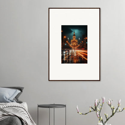 Framed wall art of Radiant Urban Reverie with night city street and illuminated church