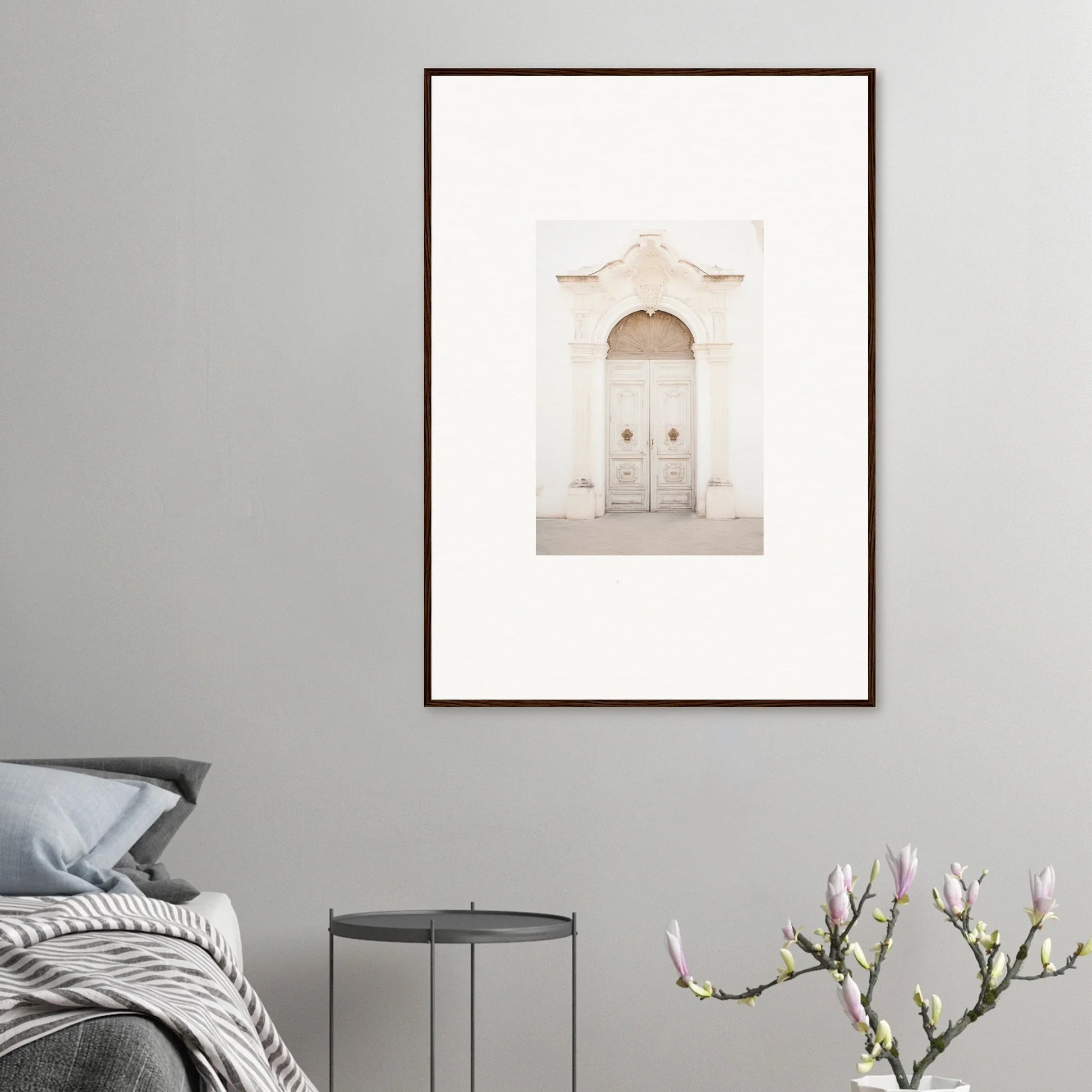 White arched doorway with ornate details in Faded Elegance Whispers framed wall art