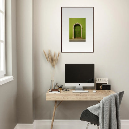 Minimalist wooden desk with iMac and artwork showcasing Vert Barcode Reverie design