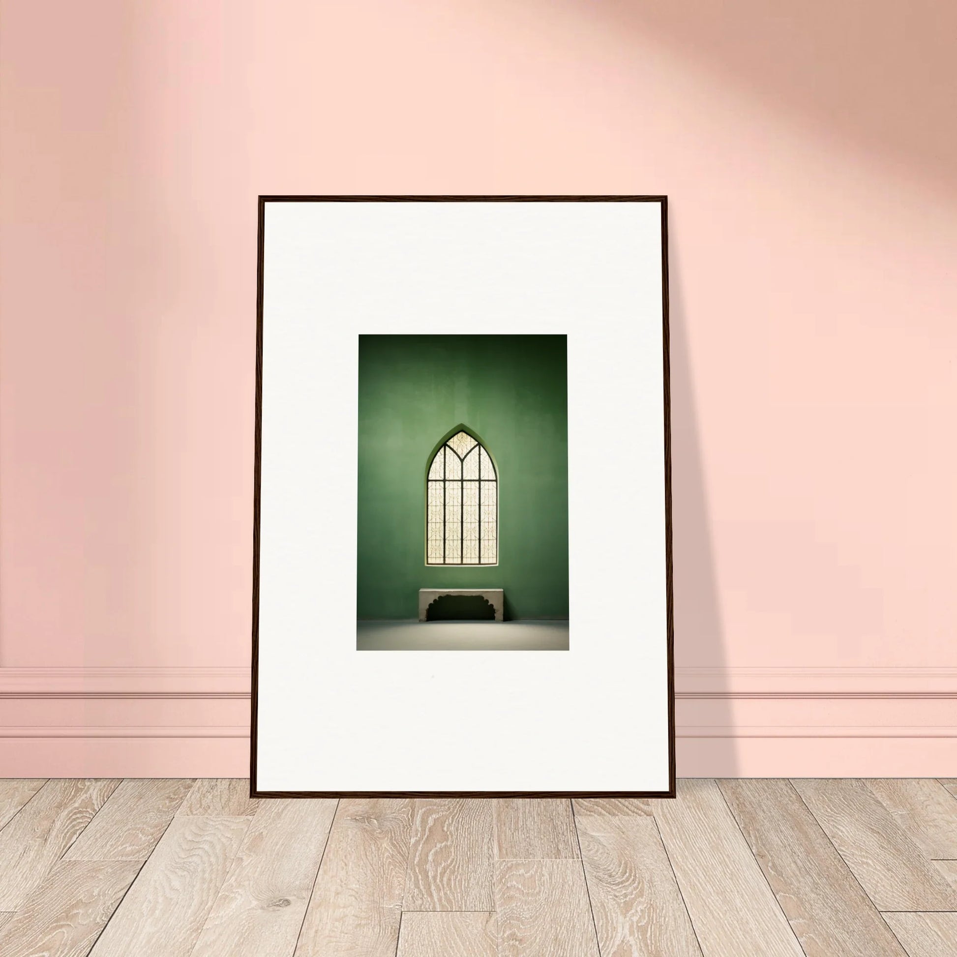 Framed Evermind Greenthaum art print of a gothic church window on green wall