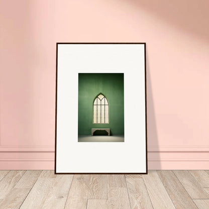 Framed Evermind Greenthaum art print of a gothic church window on green wall