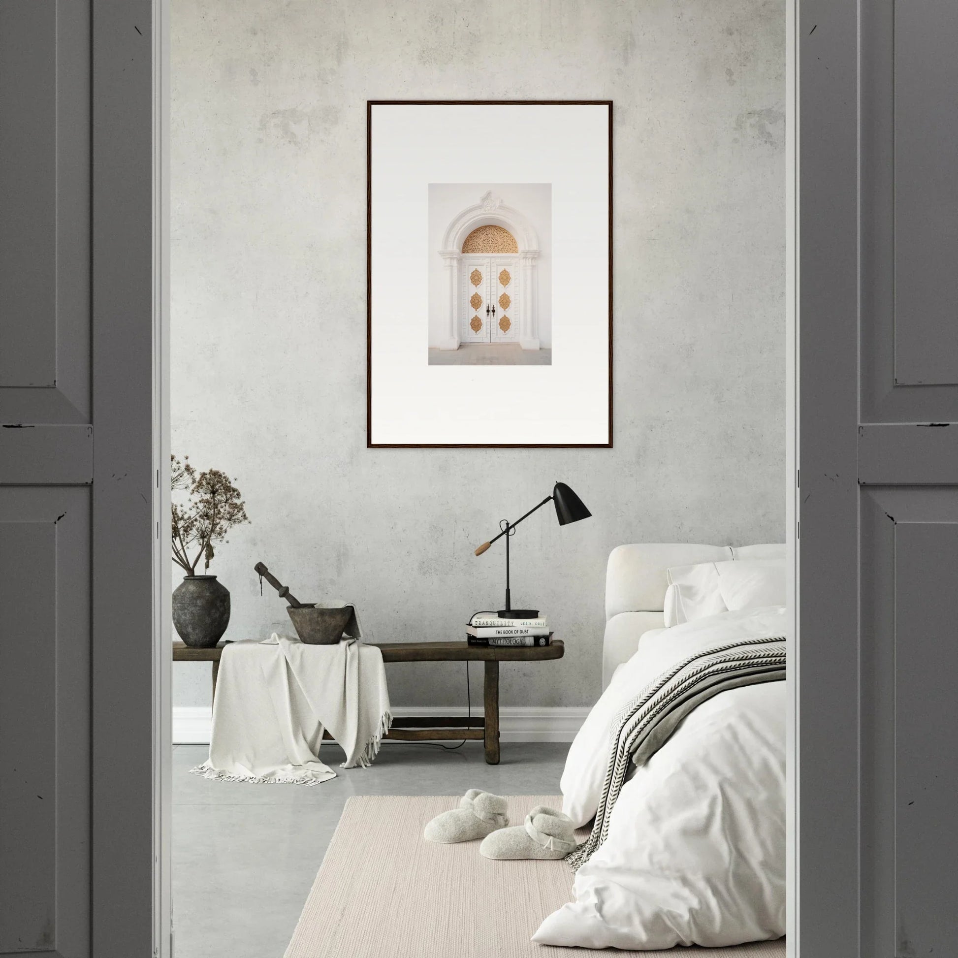 Minimalist bedroom featuring Gilded Mirage Passage framed wall art above the bed