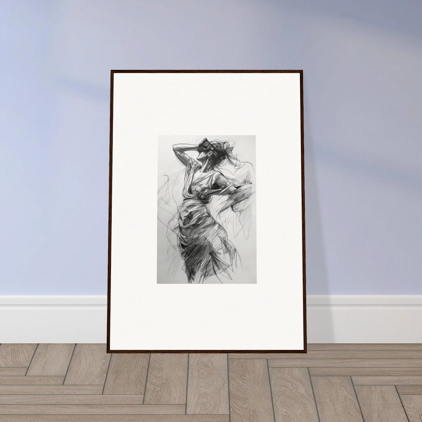 Framed wall art of a dynamic charcoal sketch from Veiled Revisionist Muse