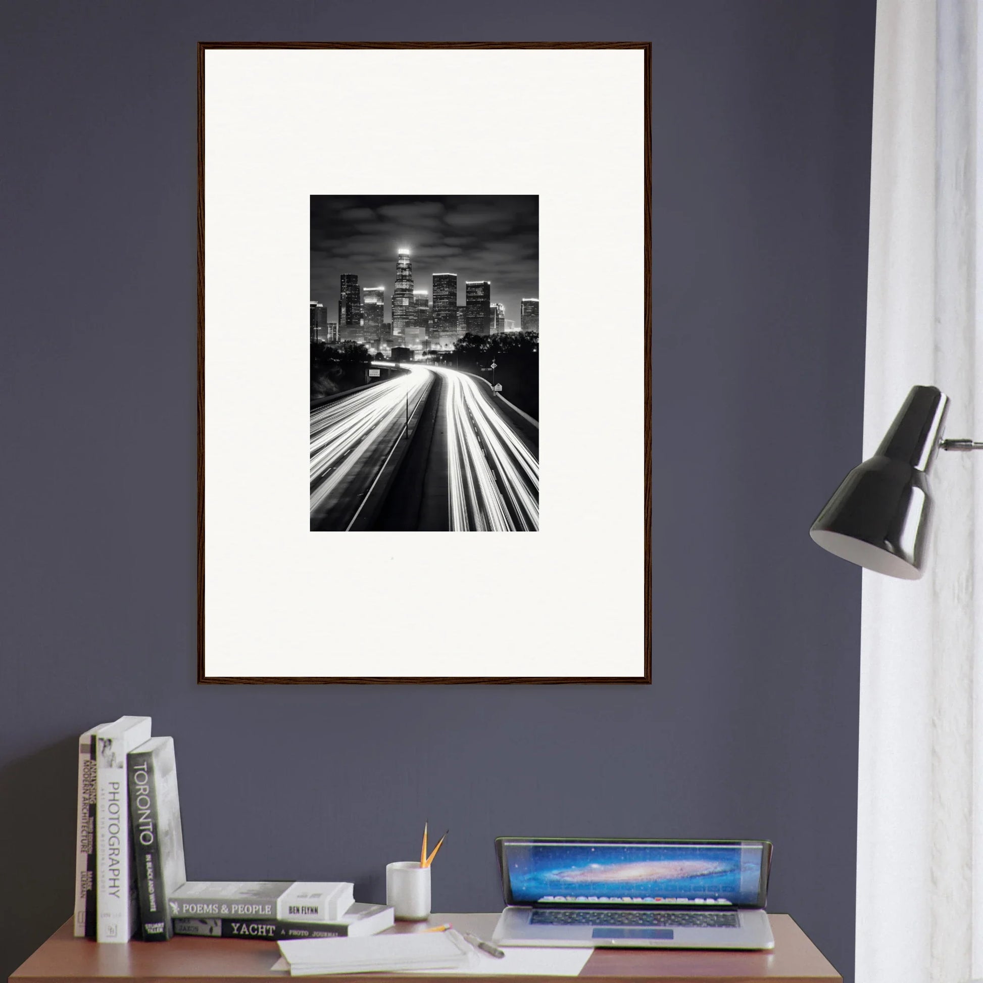 Framed wall art featuring a black and white cityscape with light trails in Steel Framed Wall