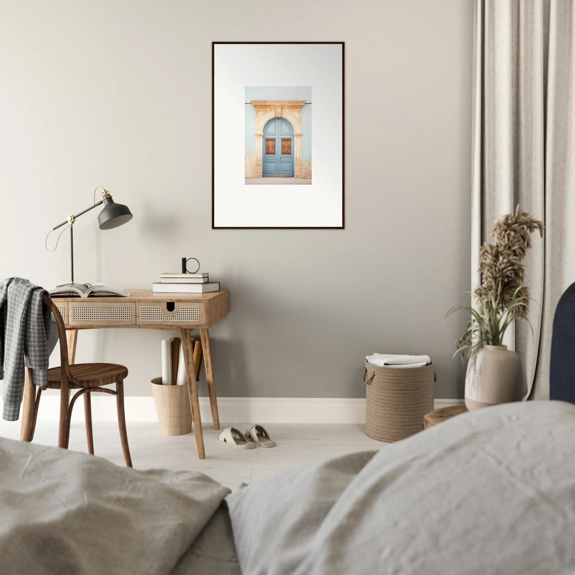 Framed watercolor of a blue door on a peach wall, perfect for your premium framed wall