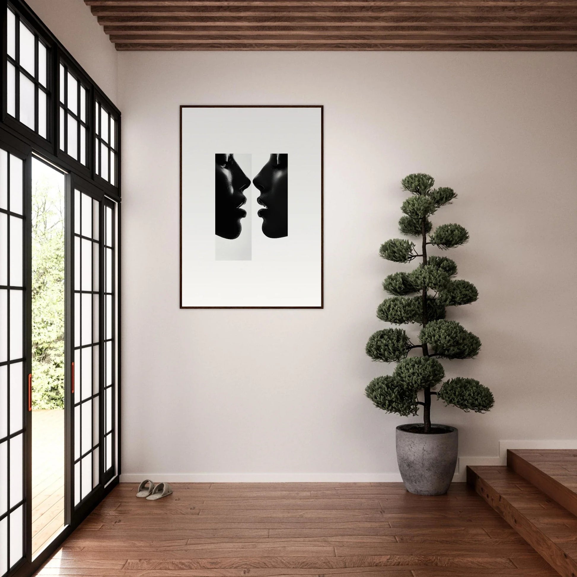 Black and white optical illusion of two faces as M in Liminal Echoes framed poster