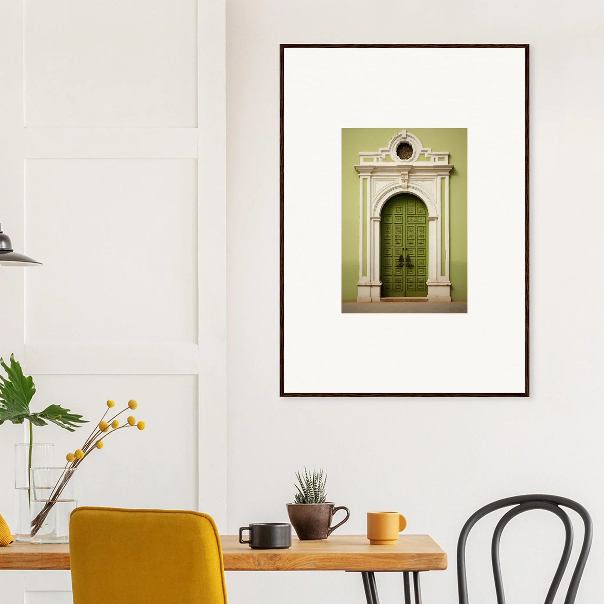 Framed art print of a green door with white trim from Verdant Sentry Whispers