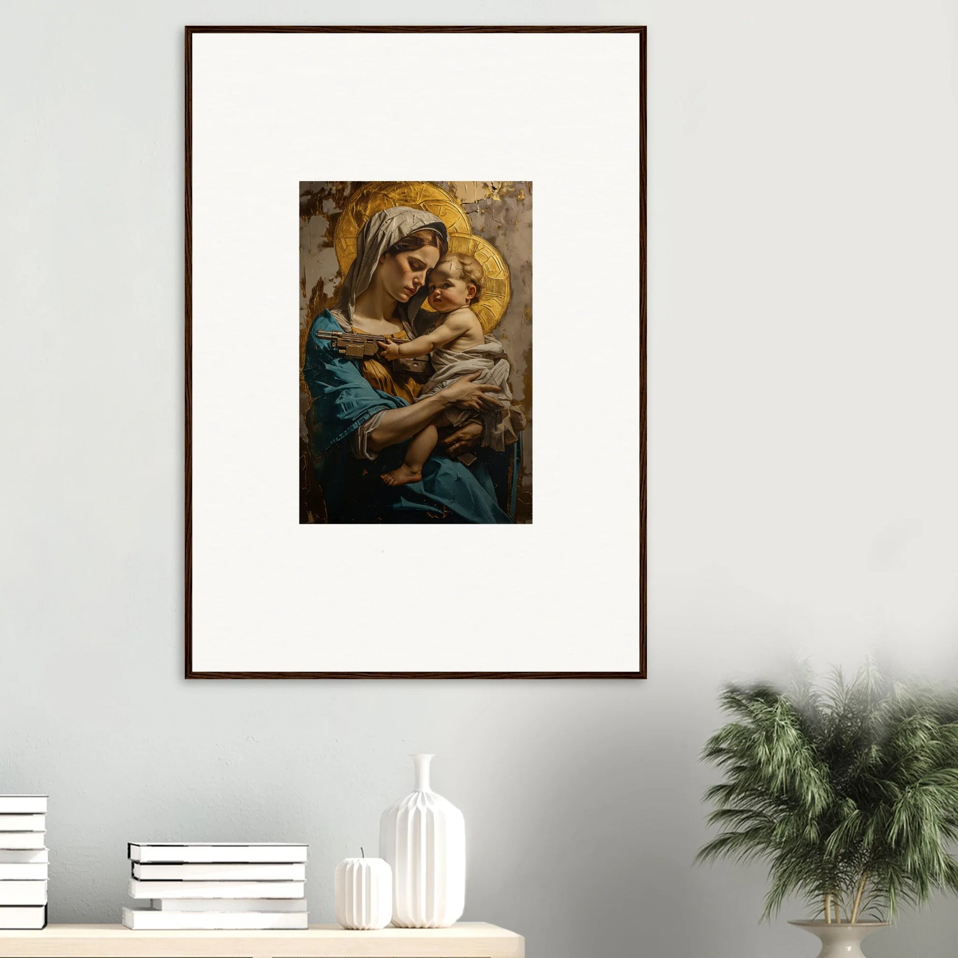 Framed canvas print of a woman holding a child, perfect for room decoration wall art