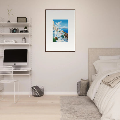 Framed photo of Santorini’s white buildings and blue domes from Sunday Stahl Messiração