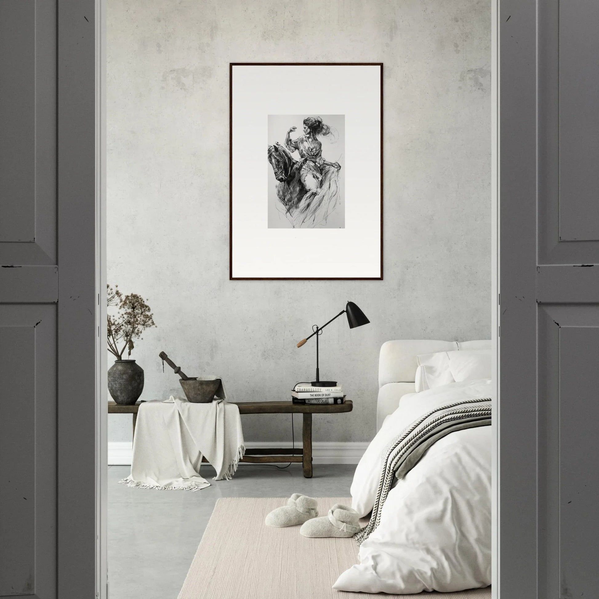 Monochromatic bedroom with minimalist decor featuring Ephemeral Journey Grafikermania art