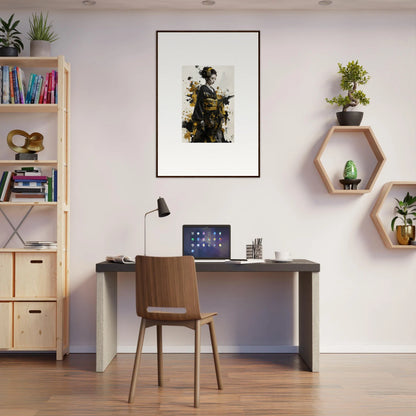 Modern home office workspace featuring Eclipsed Ukiyo Symphony art with dark desk and wooden chair