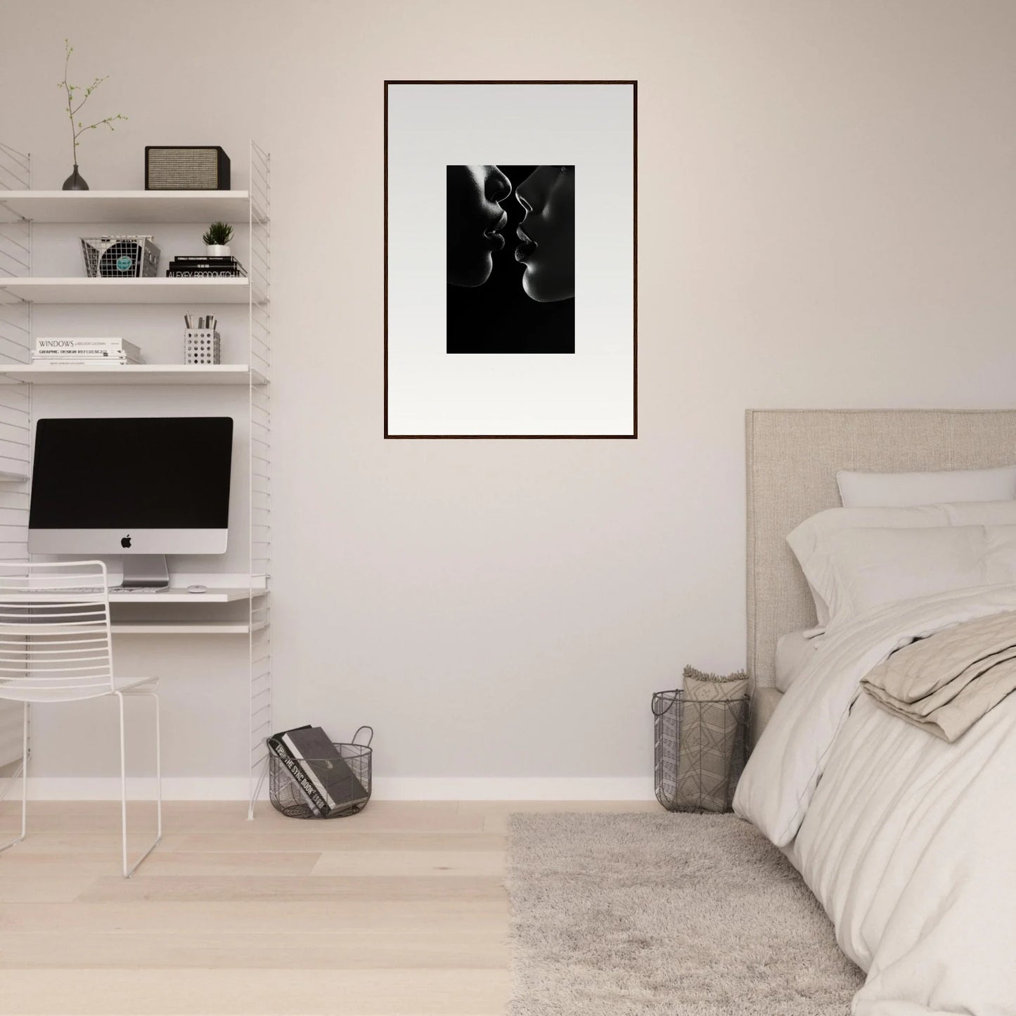 Minimalist bedroom with floating shelves, iMac, and Midnight Kiss Darkness framed wall art