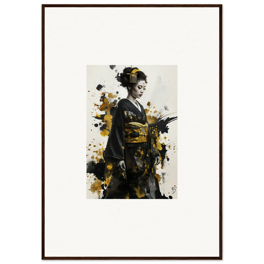 Artistic portrait of a Geisha in kimono with gold splatter for a premium framed wall