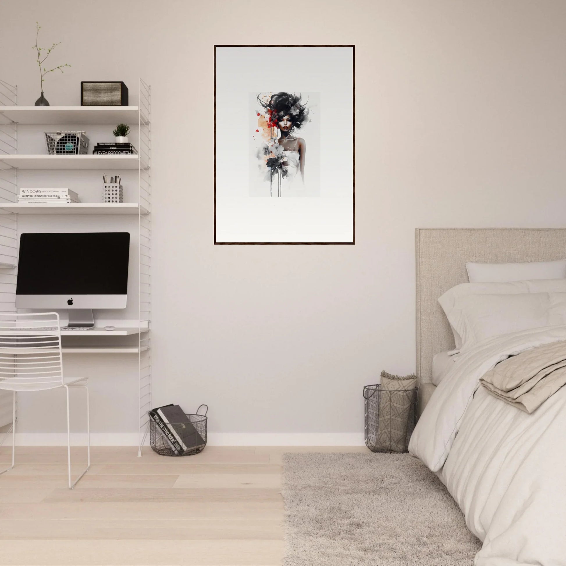 Minimalist bedroom with floating shelves and iMac workstation in Plume Sultry Reverie