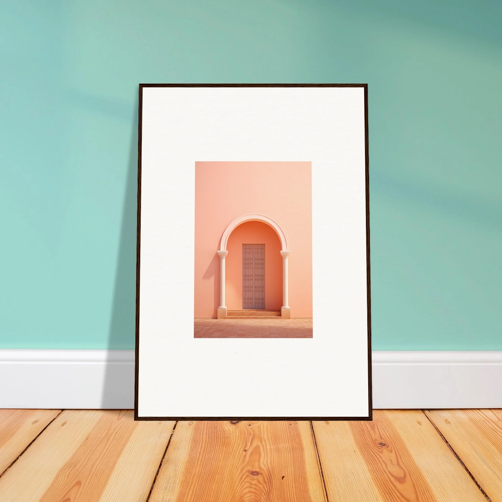 Framed photograph of a peach archway and wood door from Psychedelic Arches Discussionale